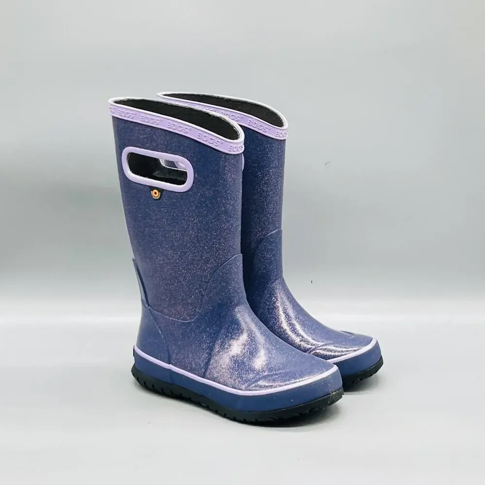 Bogs Boots Kids 13 Purple Glitter Rain Boot Pull On Rubber Waterproof Tall Shoes